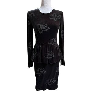 GANNI‎ Black Velvet Burnout Rose Print Peplum Sheath Dress Long Sleeve